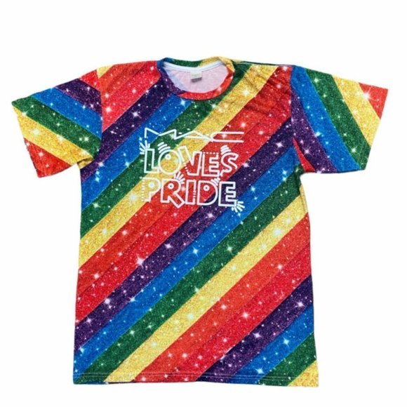 MAC Cosmetics Pride T-shirt Mens Medium Glam For Love Short Sleeve Rainbow - Picture 2 of 6